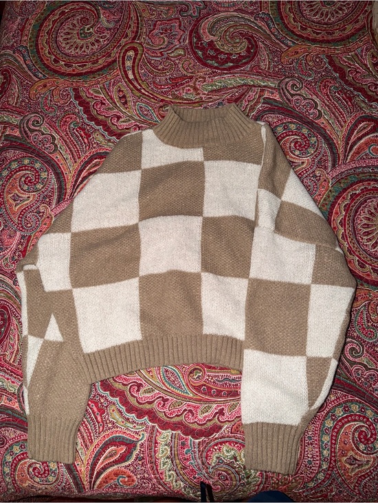 Sweaters - Neutral Checkerboard Mock Neck Sweater - Beige/Cream